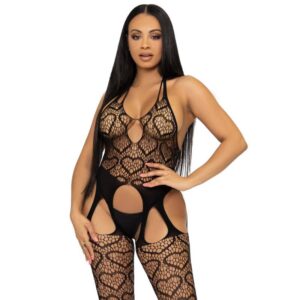 Leg Avenue Bodystockings - Avenue Bodystocking De Red Con Tirantes Talla Nica - Negro
