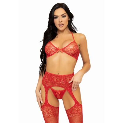 Leg Avenue Sets - Conjunto De Três Peças  Avenue Sutiã, Fio E Meia Tamanho Único - Vermelho