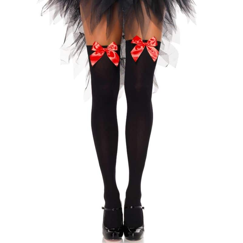 Leg Avenue Hosiery - Avenue Preto Nylon Coxas Com Laço Vermelho Tamanho Único