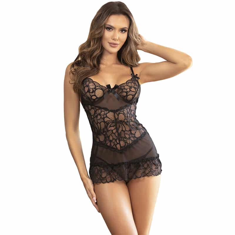 Subblime - Babydoll Com Alas Ajustveis E Renda Transparente Estampado Floral Preto L/Xl