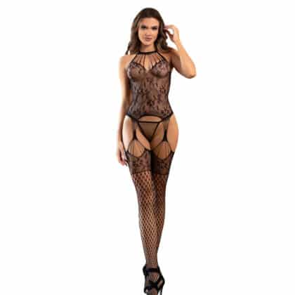 Subblime - 952136 Bodystocking Sem Fundo De Rede Com Detalhes Florais E Decote Halter Preto Tamanho Único