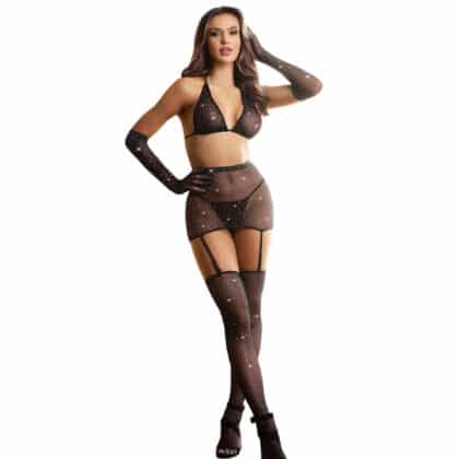 Subblime - 952174 Bodystocking De Rede Com Luvas E Diamantes Preto Tamanho Único