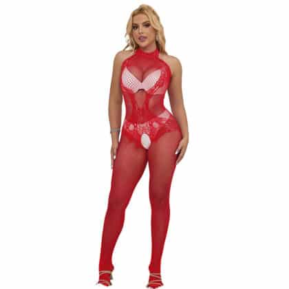 Subblime - 952372 Bodystocking Sem Fundo De Rede E Renda Com Gola Alta Vermelho Tamanho Único