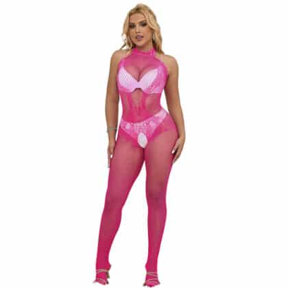 Subblime - 952389 Bodystocking Sem Fundo De Rede E Renda Com Gola Alta Rosa Tamanho Único