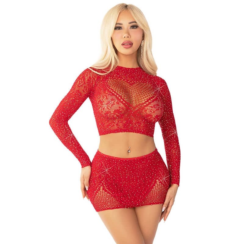 Leg Avenue - Cropped De Rede Brilhante + Mini Saia Vermelho