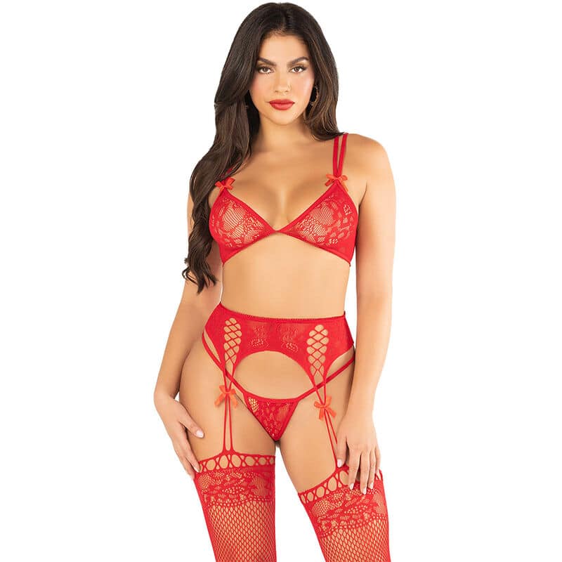Leg Avenue - Sutiã + Tanga + Meias Vermelho Tamanho Único