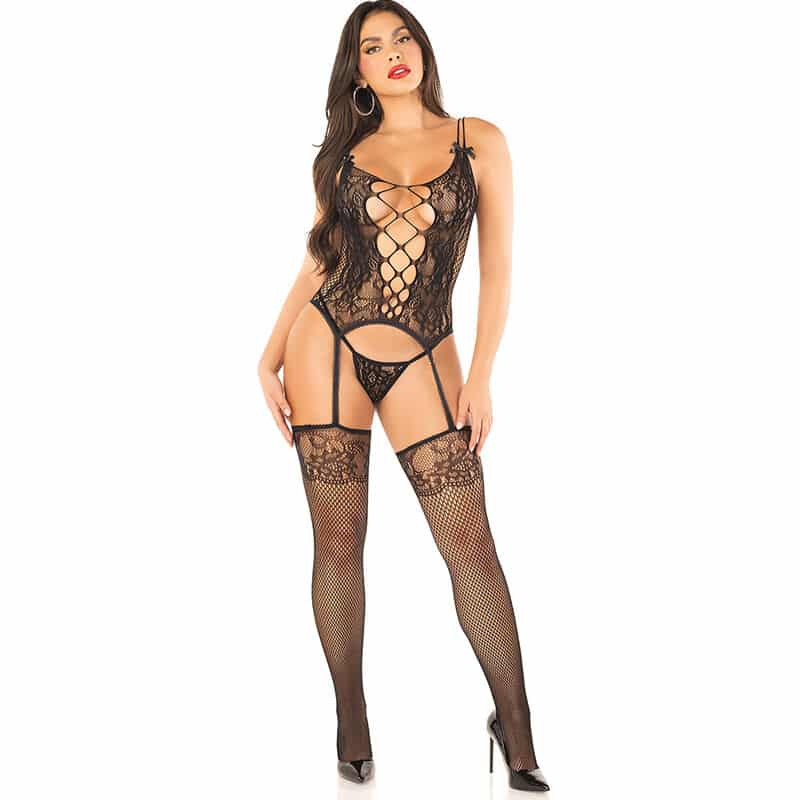 Leg Avenue - Camigarter + Meias + Tanga Preta Tamanho Único