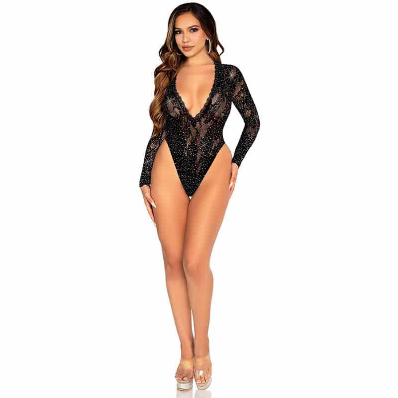 Body de Renda com Manga Comprida e Diamantes Preto Tamanho Único - Image 4