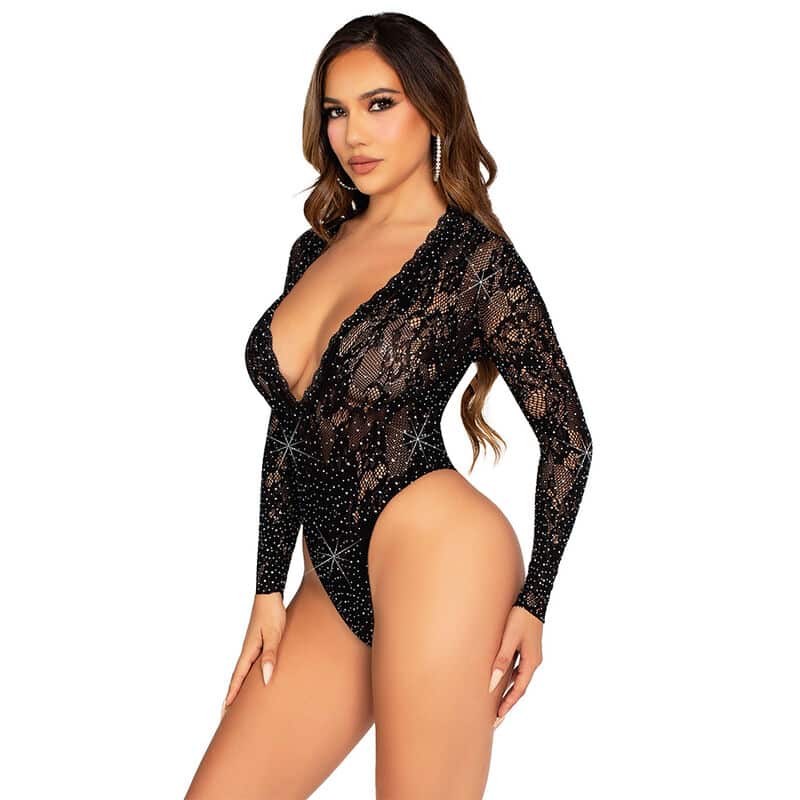 Body de Renda com Manga Comprida e Diamantes Preto Tamanho Único - Image 2