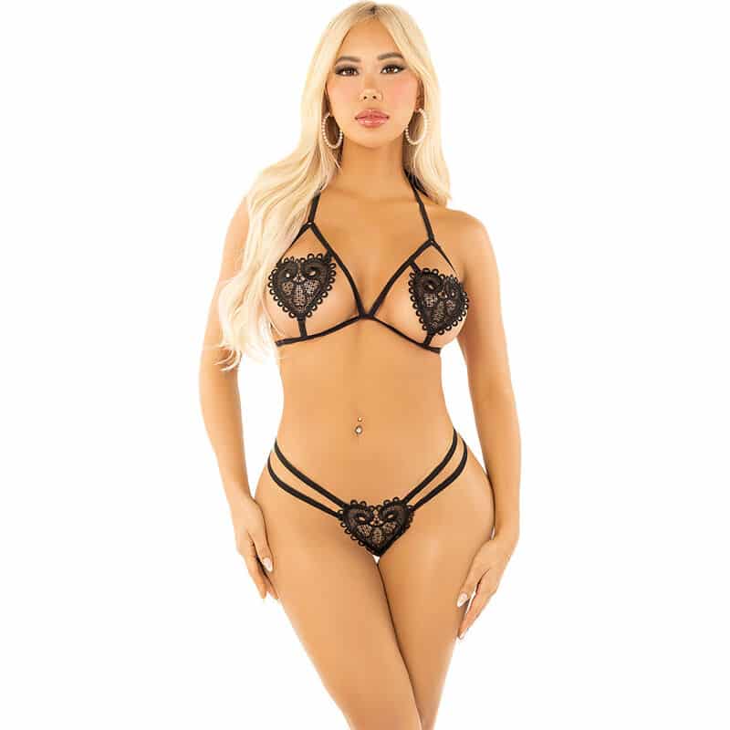 Leg Avenue - Sutiã Com Design De Coração E Tanga Aberta Tamanho Único Preto