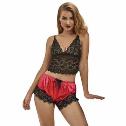 Subblime - 953959 Camisola De Seda Casual + Calça De Renda Preta/Vermelha S/M