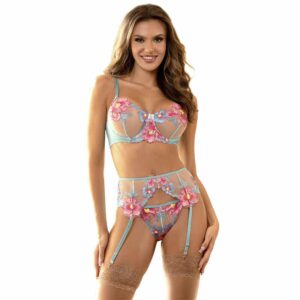 Subblime - 954109 Sutiã + Calcinha Com Cinto-Liga Design Floral Azul S/M