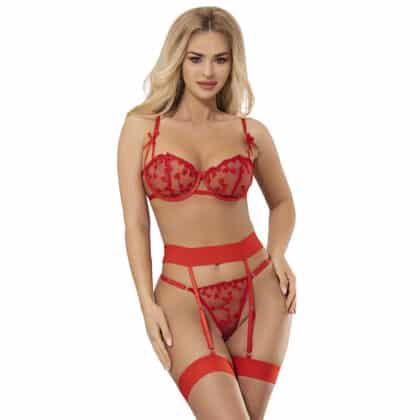 Subblime - 954321 Sutiã Com Estampa De Coração + Tanga + Cinto-Liga Vermelho S/M