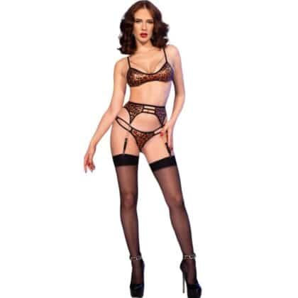 Chilirose - Cr 4837 Wildcat Conjunto Sutiã + Meias + Tanga Leopard M