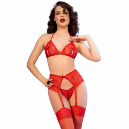 Chilirose - Cr 4848 Conjunto Sutiã De Renda Vermelha + Tanga + Meias M