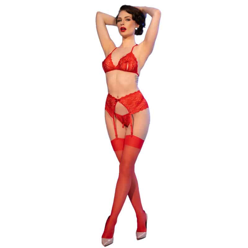Chilirose - Cr 4848 Conjunto Sutiã De Renda Vermelha + Tanga + Meias L - Image 4