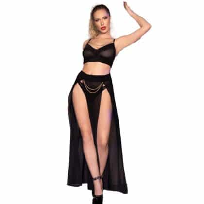 Chilirose - Cr 4672 Saia Top Preta E Tanga Com Correntes Douradas Xl