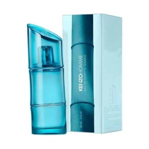 Frasco azul-esverdeado de KENZO HOMME Eau de Toilette Marine, perfume masculino fresco inspirado no mar, com design alongado que evoca o bambu.