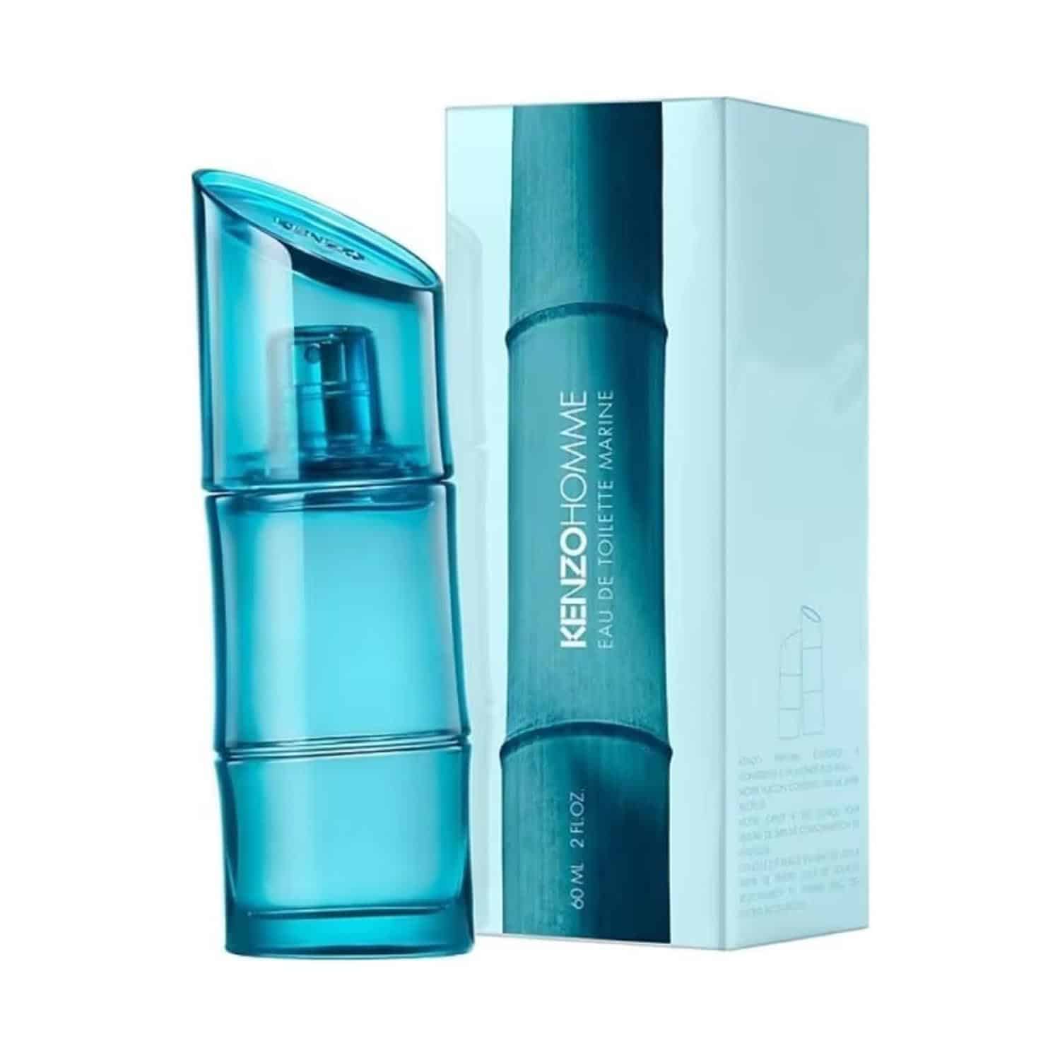 Frasco azul-esverdeado de KENZO HOMME Eau de Toilette Marine, perfume masculino fresco inspirado no mar, com design alongado que evoca o bambu.