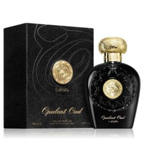 Frasco Lattafa Opulent Oud Eau de Parfum 100 ml dourado e preto