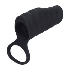 Manga Vibratória De Silicone Com Estrias Para O Pênis E Anel Para Os Testículos Preto