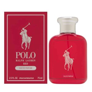 Frasco de Ralph Lauren Polo Red Eau de Parfum, perfume masculino quente e elegante com gengibre vermelho, sálvia e notas amadeiradas.