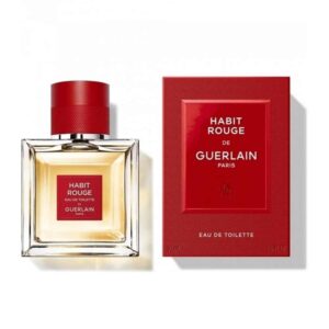 Frasco de Guerlain Habit Rouge Eau de Toilette 50 ml, perfume oriental elegante com citrinos, especiarias, madeiras e âmbar.