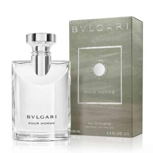 Frasco de Bvlgari Pour Homme Eau de Toilette 100 ml, perfume masculino amadeirado com notas de pimenta, âmbar e musk.
