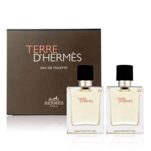 Pack Hermès Terre d’Hermès Man Eau de Toilette 2×50ml, perfume masculino amadeirado e especiado com notas cítricas, pimenta e vetiver.