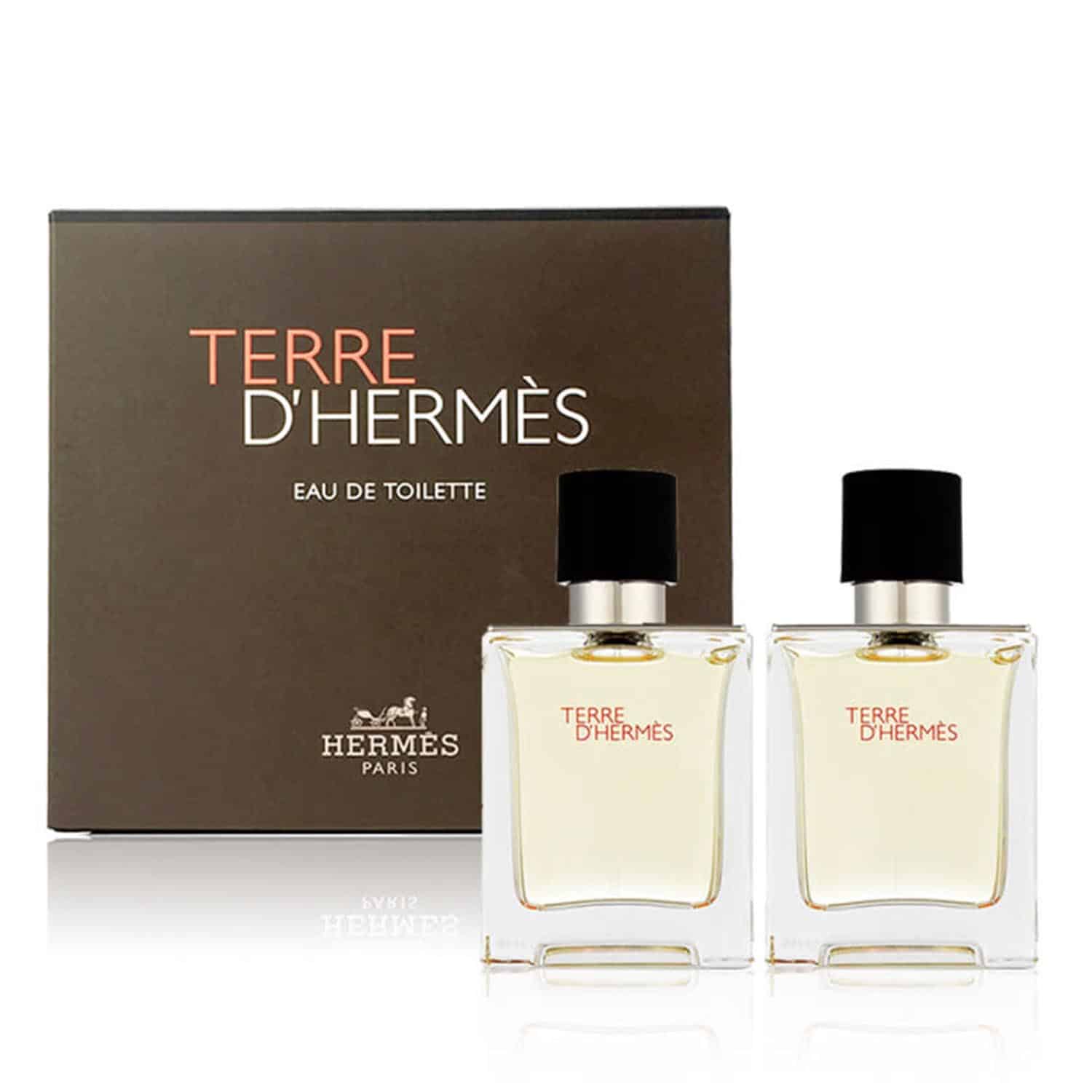 Pack Hermès Terre d’Hermès Man Eau de Toilette 2×50ml, perfume masculino amadeirado e especiado com notas cítricas, pimenta e vetiver.