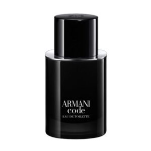 Frasco de Armani Code Eau de Toilette 50 ml, perfume masculino condimentado e elegante ideal para uso diário.