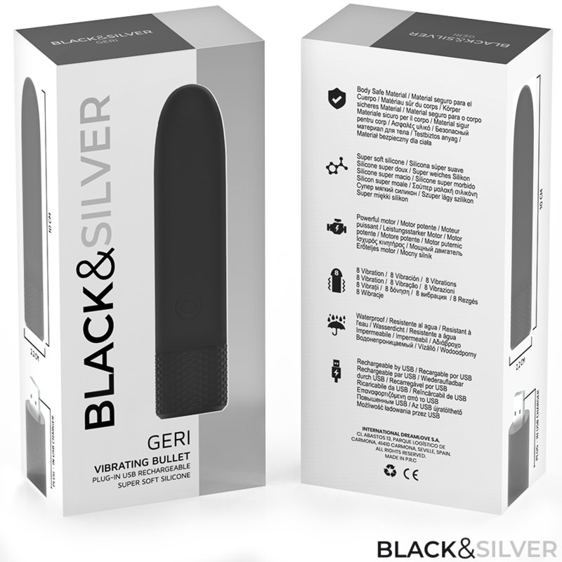 BLACK&SILVER – Black & Silver - Geri Usb Recarregável Vibratória Bullet 8 Vibrações Preto 10 X 2,2 Cm - Image 7