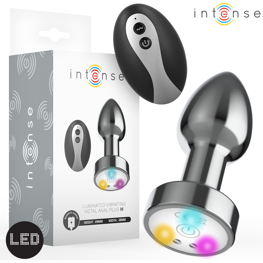 INTENSE ANAL TOYS – Intense - Plug Anal De Metal Vibrante Com Luzes Led E Controle Remoto - Tamanho M