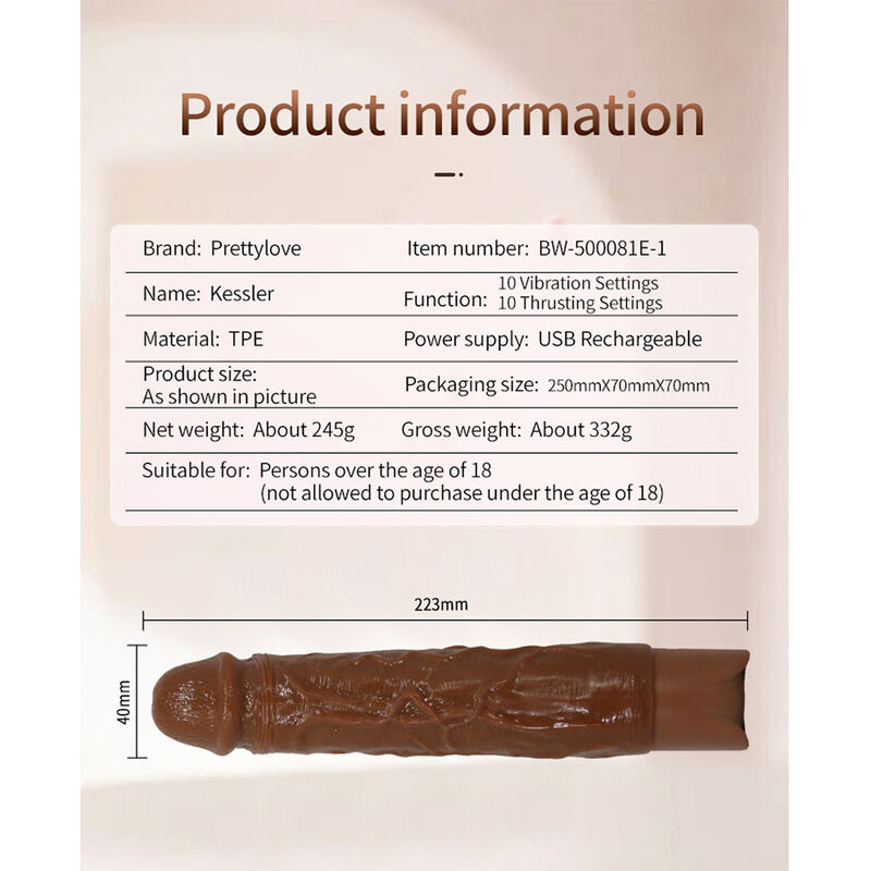 DILDOS – Pretty Love - Kessler Vibrador Realista Com 10 Modos De Vibração E 10 Intensidades, 22 Cm, Marrom - Image 15